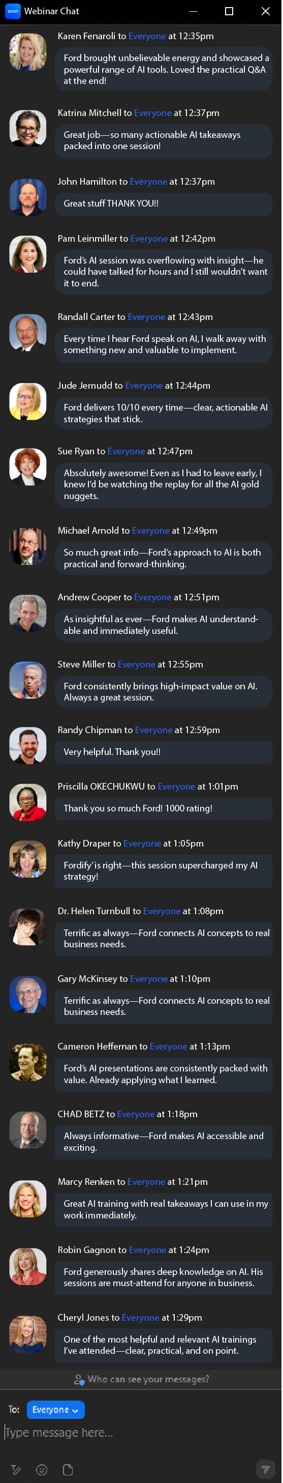Webinar Zoom chat AI testimonials